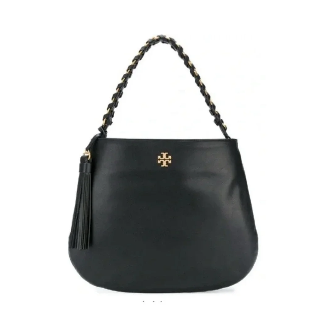 Tory Burch Brooke Minimalist Hobo Bag Black‎ Leather Gold Braided Handle 598$